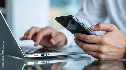 Person Using Laptop and Holding Smartphone Demonstrating Multitasking and Connectivity in Modern Digital Workspace