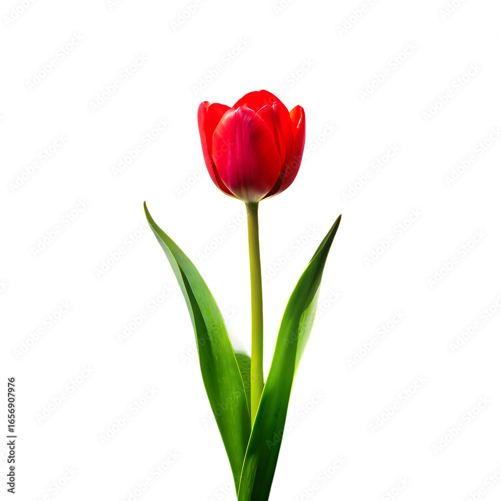 Fototapeta premium Single Red Tulip on White Textured Surface in Sunlight on White Background ,PNG.AI Generated.