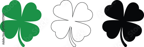 Four leaf clover, shamrock symbol in green black white, lucky charm icon for St Patrick’s Day design