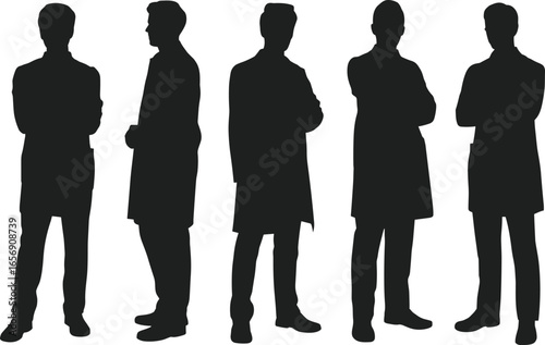 Doctor silhouette set, standing medical professional, healthcare worker pose, black vector illustration, hospital staff, clinical uniform, confident posture, lab coat.