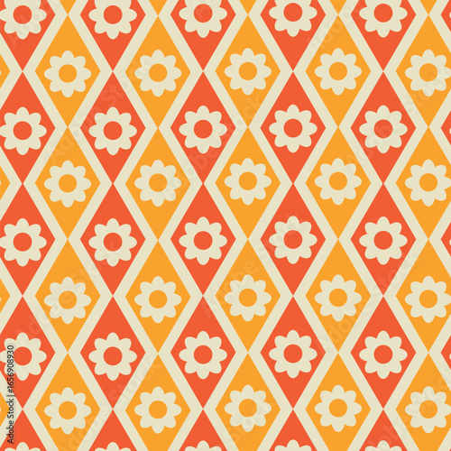 Retro white flowers on orange and red Diamonds seamless pattern. For wallpaper, home décor and fabric