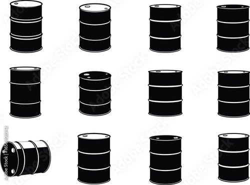 Vector illustration set of black and gray oil drums and barrels, showcasing various poses, perfect for industrial and chemical design projects, flat icons.