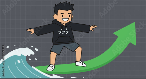Cartoon character surfing on a rising arrow, symbolizing success and growth.