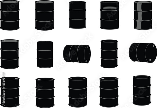 Vector illustration set of black and gray oil drums and barrels, showcasing various poses, perfect for industrial and chemical design projects, flat icons.