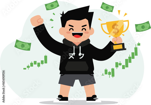 Joyful young man celebrates financial success, holding a gold trophy amidst falling money and rising stock charts.