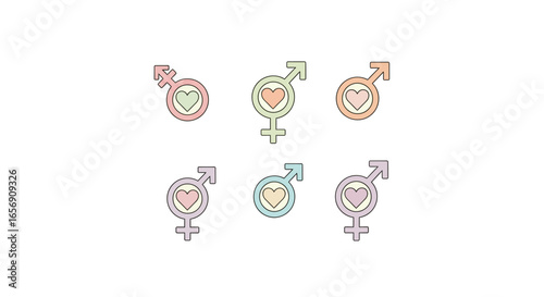 A visually appealing collection of diverse gender and transgender symbols, each featuring a heart, rendered in soft pastel colors to represent love, identity, and inclusivity for all.
