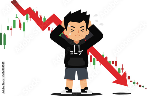 Stressed young man facing financial market downturn, illustrated with falling stock prices.