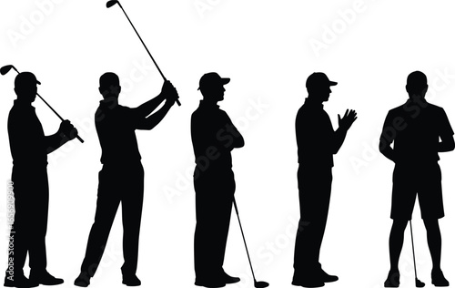 Golf player silhouette set, standing pose, club holding, black vector illustration, sports posture, outdoor scene, athlete stance, competition moment.