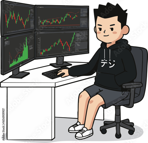 Young man monitors stock market trends on multiple computer screens.