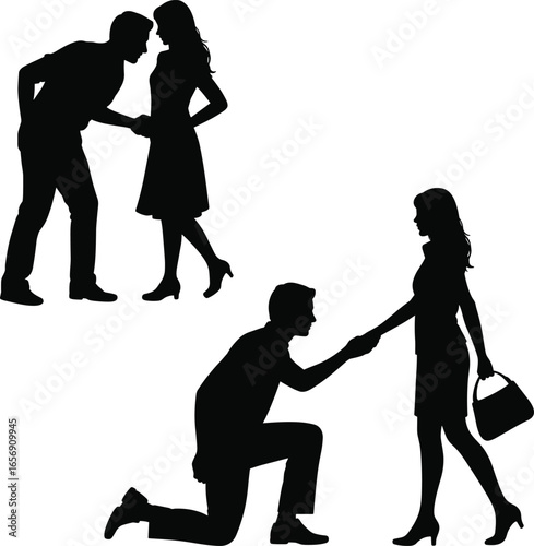Couple silhouette vector, romantic gesture, man proposing, emotional interaction, love scene, relationship moment, black illustration, dating concept, people pose.