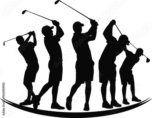 Golf player silhouette set, men swinging clubs, black vector illustration, sports action pose, outdoor competition, athletic movement, tournament scene.