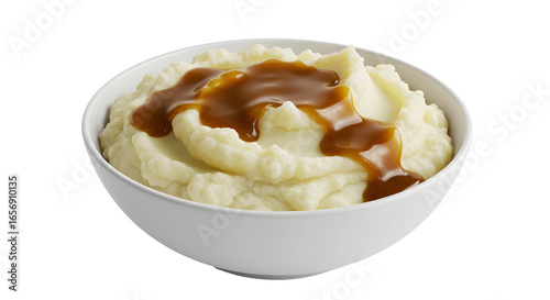 Bowl of mashed potatoes topped with gravy on transparent background
