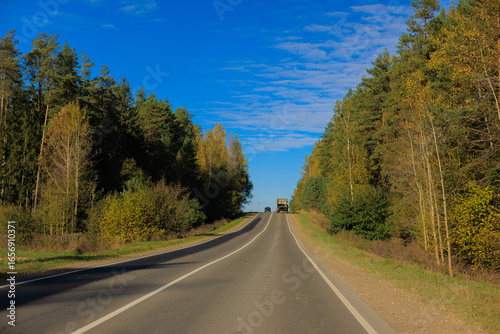 Autumn landscape, road and highway, asphalt and roadside.