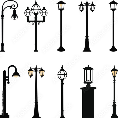 Lamp Post Silhouette, Vintage Street Light Posts Set Silhouette, Old Street Lamp Post Collection. Street Road Light Pole svg. Vector Illustration Isolated on White Background.