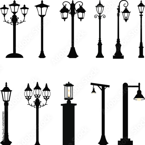 Lamp Post Silhouette, Vintage Street Light Posts Set Silhouette, Old Street Lamp Post Collection. Street Road Light Pole svg. Vector Illustration Isolated on White Background.