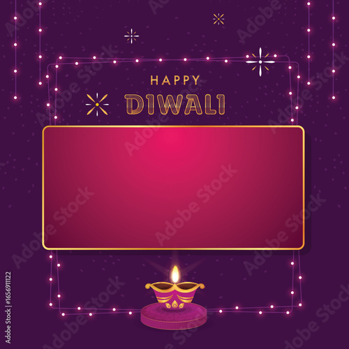 A stylish and modern template for a Diwali party invitation or greeting Features a glowing diya lamp and festive string lights on a purple background, with a blank, gold-trimmed board for custom text.