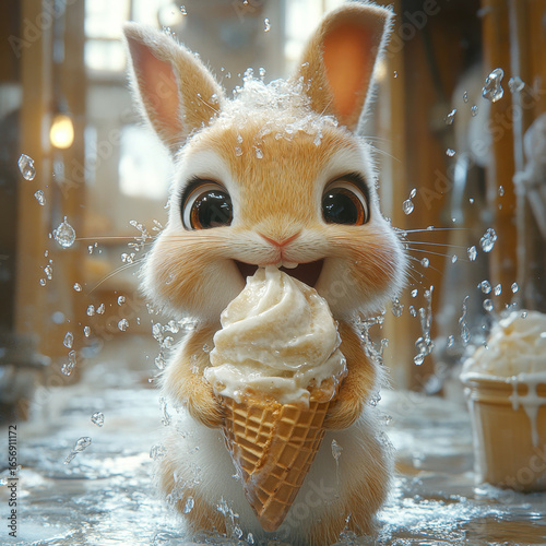 Bunny eating ice cream cone.