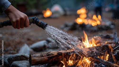 Extinguishing a campfire with a garden hose in the wilderness