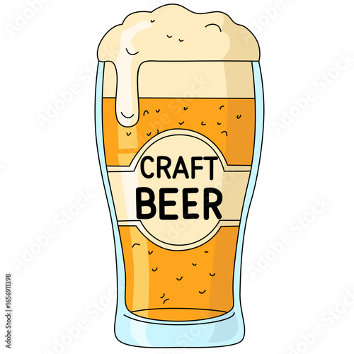 Glass of foamy craft beer with lettering. Vector illustration on white background for bar, menu, October fest, pub