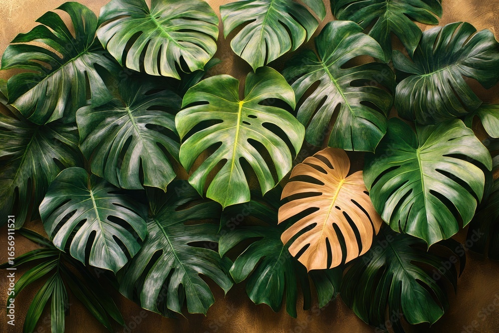 Obraz premium Lush green Monstera deliciosa leaves form a vibrant, organic pattern. Perfect for backgrounds, print, or designs requiring a tropical aesthetic.