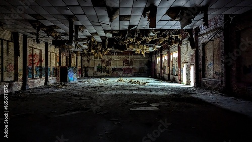 Dark abandoned industrial factory building interior. Warehouse darkness, daylight through doorway. Falling down collapsed ceiling tiles, vandalism stained walls, collapsing room. Eerie hall atmosphere