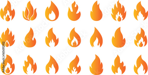 Flame Icons Big Set, Flame Vector Icons. Simple flat burning fire silhouette collection. Hot energy symbol for graphic design, Vector Illustration