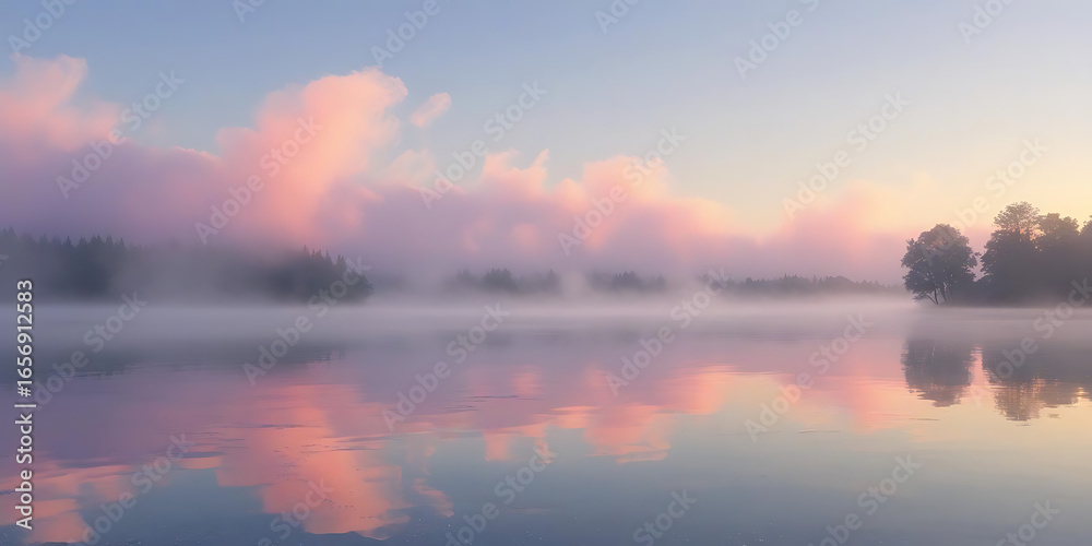 Fototapeta premium Misty Lake at Dawn with Pink Reflections