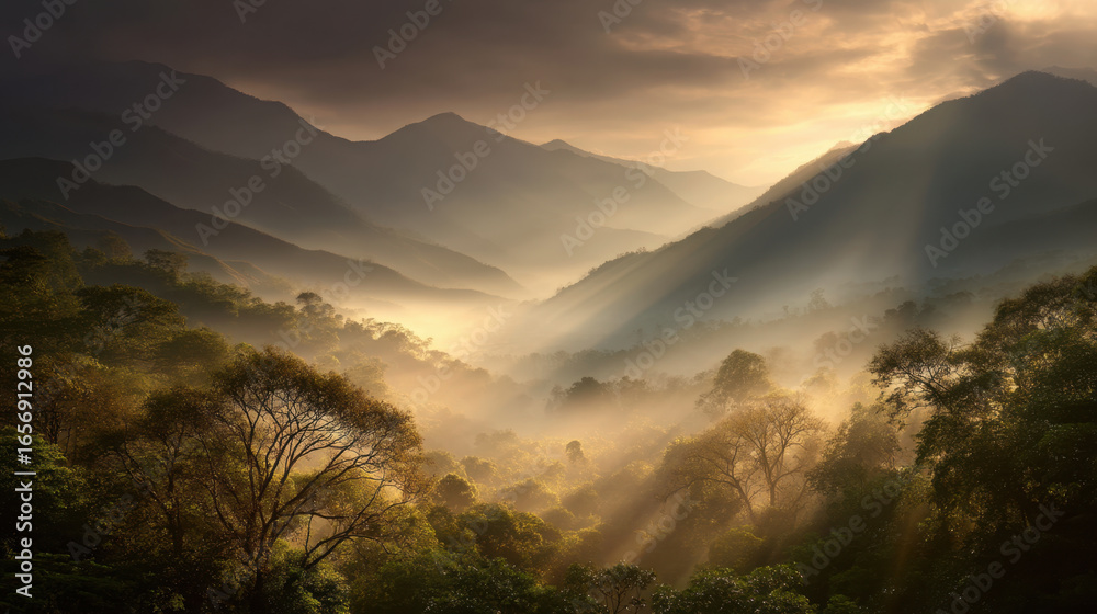 Obraz premium Breathtaking landscape showcasing serene mountain range enveloped in mist, with soft sunlight filtering through lush trees, creating tranquil and ethereal atmosphere