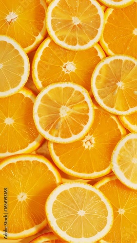 Top view of juicy and yummy slices of orange and lemon background. Healthy fresh food. Place for text or creative design, flat lay. Source of vitamin C. Fresh citrus products concept. Slow moving away