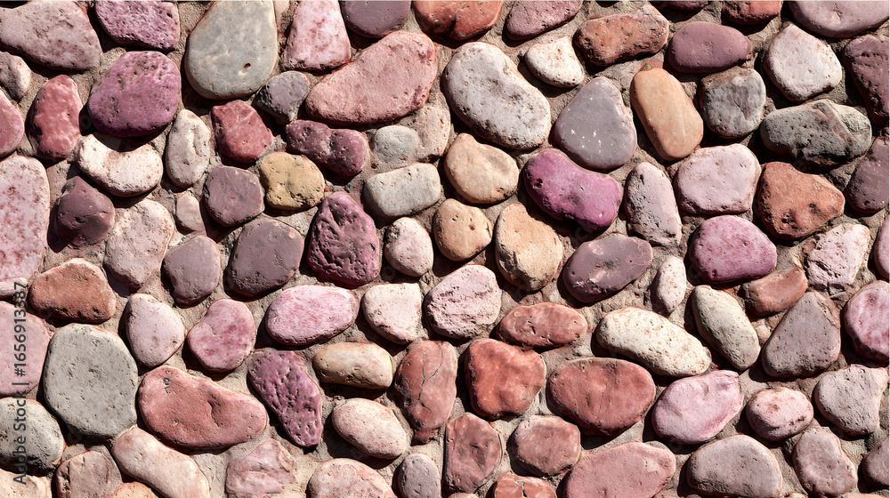 Naklejka premium Textured pink pebble walkway showing signs of weathering, great for backgrounds
