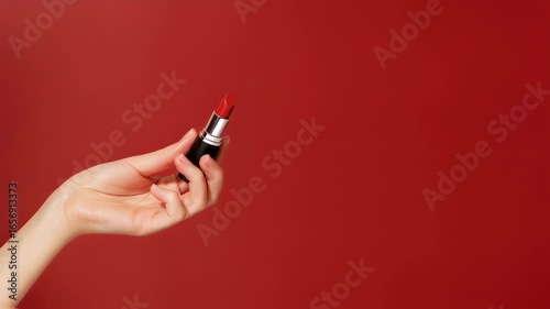 Female hand holding red lipstick on red background. Demonstration of cosmetic professional beauty product. Make up tool