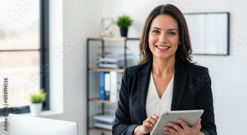 Portrait of a cheerful businesswoman using a digital tablet in a modern office Free Download Portrait of a cheerful businesswoman using a digital tablet in a modern office - GFXLoad