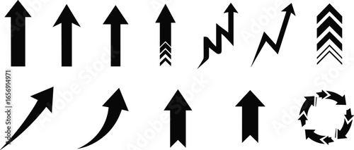 Arrow icons set, straight, curved, zigzag, circular, multi‑chevron, navigation symbols, direction indicators, design elements, infographic pointers, vector illustration