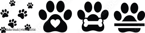 Black paw print icons set, heart, bone, line variations, animal footprint symbols, pet care, dog, cat, vector, graphic illustration design