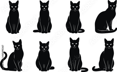 Black cat silhouettes, eight sitting pose variations, forward facing, domestic pet vector illustration, feline posture, animal behavior, graphic design, kitten artwork icons