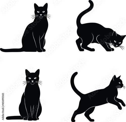 Cat silhouettes, sitting, crouching, stalking, running poses, domestic pet vector illustration, feline body language, animal behavior, black graphic design icons