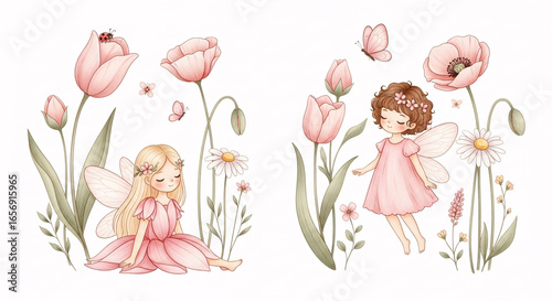 Cute Fairy Girls Illustration with Pink Tulips, Daisies, Butterflies and Ladybug, Whimsical Fantasy Artwork for Nursery and Children’s Design 
