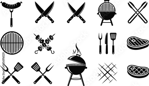 Grilling, barbecue, BBQ icons, utensils, meat, steak, grill, skewers, spatula, tongs, fork, cooking, summer, picnic, outdoor, smoke, chef, food, roast, charcoal