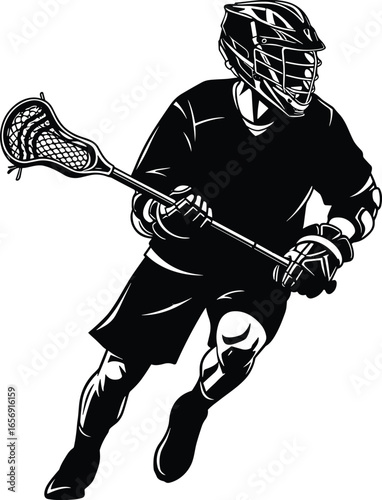 Lacrosse player silhouette, wearing helmet, gloves, protective gear, running action pose, holding lacrosse stick, sports vector illustration, competitive field game graphic, athlete design