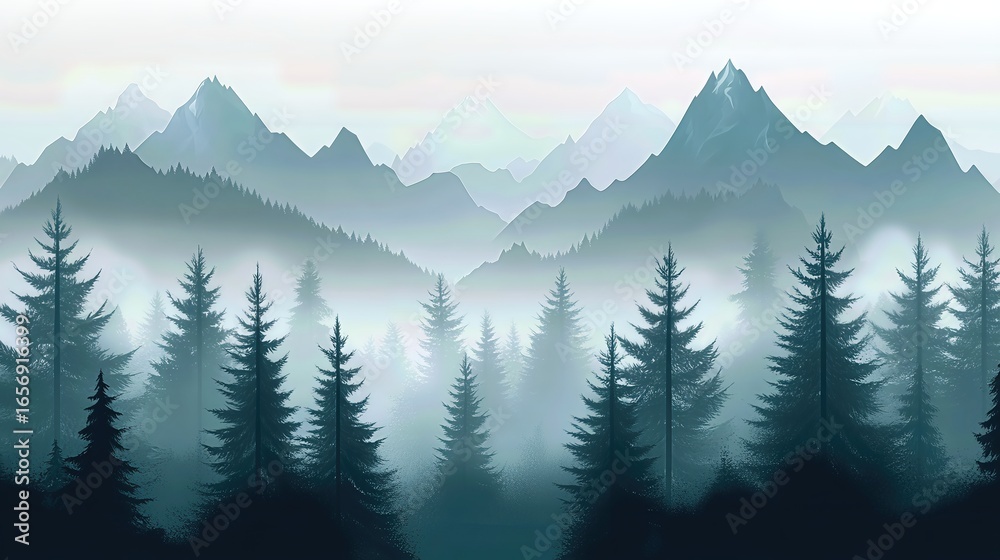 Fototapeta premium misty morning scene in a coniferous forest, showcasing majestic mountains in the background. Peaceful and serene atmosphere.