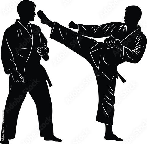 Martial arts silhouettes, high kick and defensive stance poses, combat sport vector icons, athlete graphics, professional fighting illustrations, traditional uniform, black shapes
