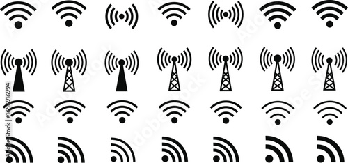 Wireless communication icons set, Wi‑Fi, radio tower, signal waves, connectivity symbols, network technology, vector design, digital, internet, graphic illustration