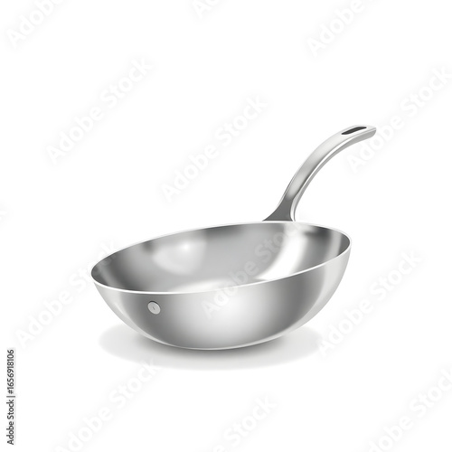 Stainless steel colander and pans on a white background in a kitchen setting