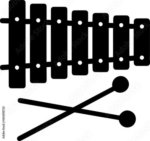 Xylophone silhouette with horizontal wooden bars and mallet impression.