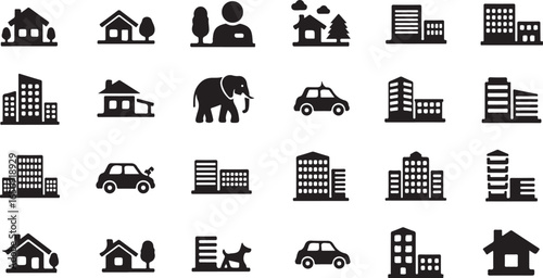 Collection of black and white silhouette icons representing houses buildings cars and animals