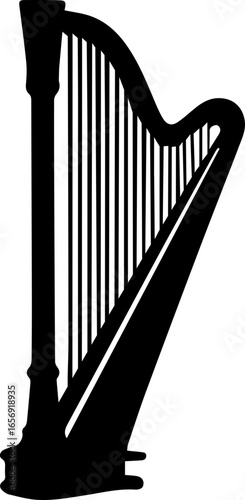 Harp silhouette with triangular frame, soundboard, and numerous strings.