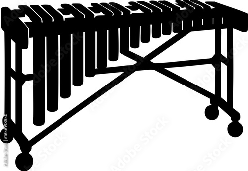 Marimba silhouette with wooden bars and resonating tubes arranged horizontally.