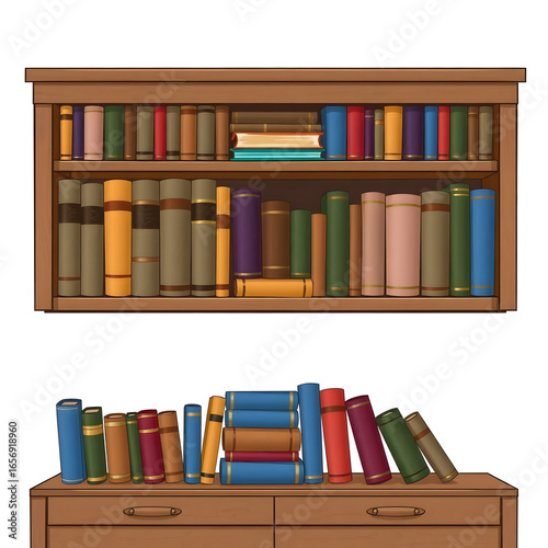 Old books neatly arranged on a library shelf in a row