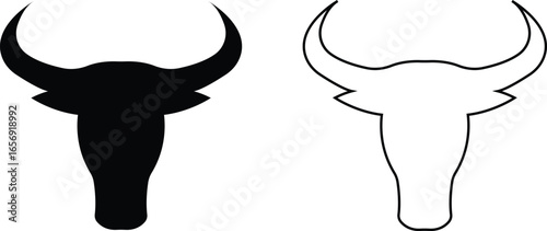 Bull head icon set, black silhouette and outline vector collection of cattle, ox, buffalo, and cow skulls with horns, animal head logo, ranch, farm, rodeo, mascot and tattoo design bundle