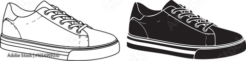 Black and white outline and silhouette icons of a stylish sneaker shoe footwear fashion